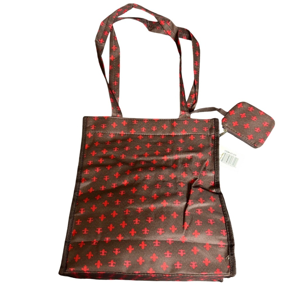 Fleur De Lis Tote Bag Brown Red Shoulder Bag with Matching Coin Pouch NWT